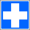 Het teken van eerste hulp: een blauwe achtergrond met wit kruis.