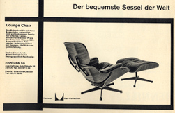 Advertentie uit het magazine Du, 1958.<br />Eames Chair, uit de Herman Miller Collectie.<br />Nog steeds in productie bij Vitra, en nog steeds het ideale meubel om stijlvol de krant in te lezen.