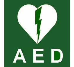 Logo AED. Laat een omstaander zo snel mogelijk een AED halen. Dat vind je onder dit logo.