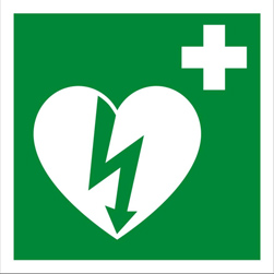Europese logo AED. Dit is het Europese logo voor een AED, bijna identiek aan het Belgische, maar zonder de afkorting.