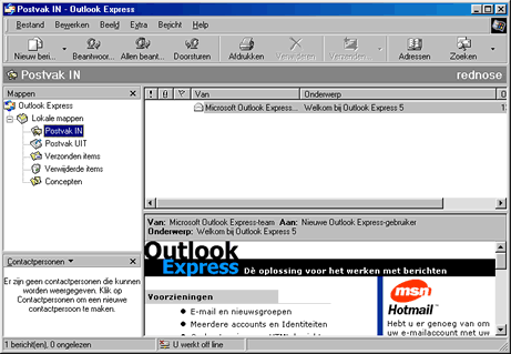 Het programmavenster van Outlook Express