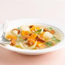 Eetsoep van wortel en Alpro soya Tofu reepjes Pittig gekruid
