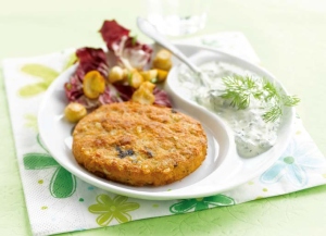 Champignonburger met groene kruidendip