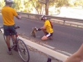 Koala krijgt drinken van fietsers. Het diertje is uitgedroogd