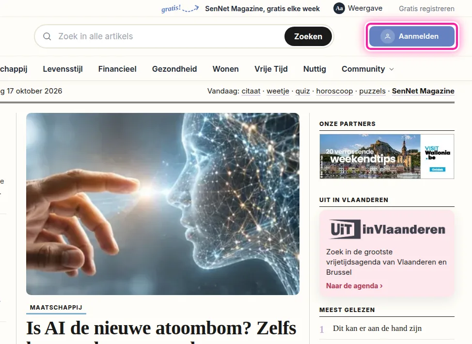 We beginnen op een pagina van SeniorenNet, het maakt niet uit welke. Helemaal bovenaan zie je rechts de knop "Aanmelden". Klik daarop, dan kom je op de pagina waar je je kan aanmelden.