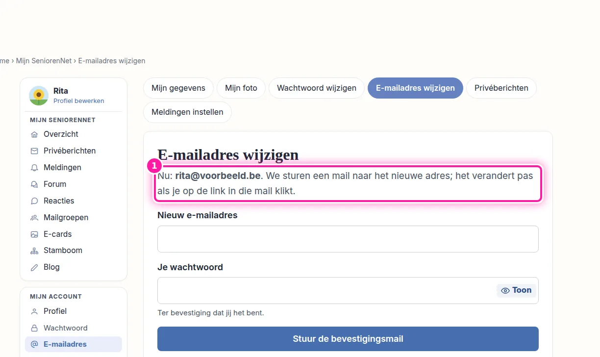 De andere mails gaan naar het e-mailadres van je SeniorenNet-account, bijvoorbeeld als iemand je antwoordt of je een nieuw wachtwoord kiest. Om dat e-mailadres te bekijken, klik je in Mijn SeniorenNet onder "Mijn account" op "E-mailadres". Je komt dan op de pagina "E-mailadres wijzigen". Achter "Nu:" (1) staat het e-mailadres dat bij je account hoort.