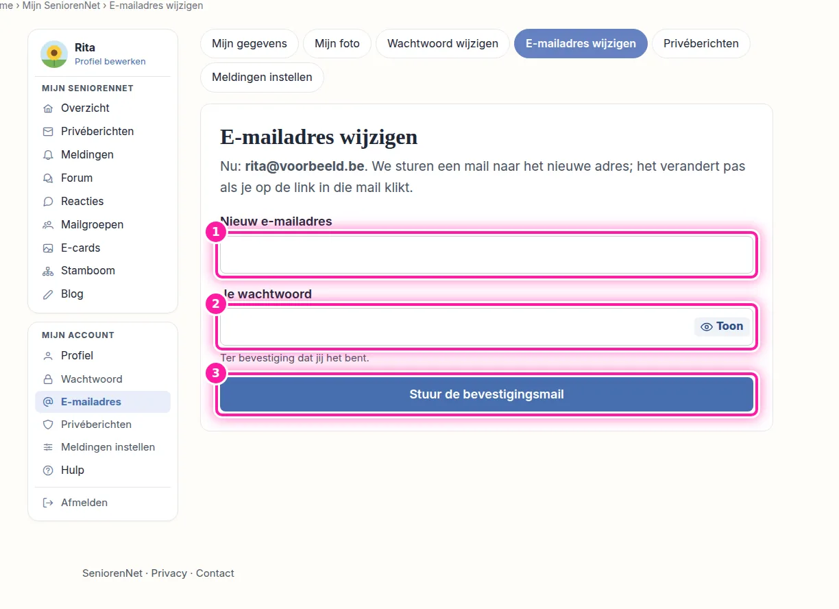 Vul je nieuwe e-mailadres in bij "Nieuw e-mailadres" (1). Typ daarna je wachtwoord in het vak "Je wachtwoord" (2), zodat we weten dat jij het bent. Klik vervolgens op "Stuur de bevestigingsmail" (3). We sturen dan een mail naar je nieuwe e-mailadres om de wijziging te bevestigen.