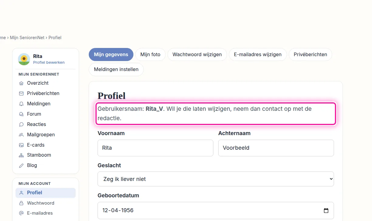 Bovenaan je profiel staat je gebruikersnaam. Je kan je ook altijd aanmelden met je e-mailadres in plaats van die naam. Je hoeft je gebruikersnaam dus niet te onthouden om je aan te melden.