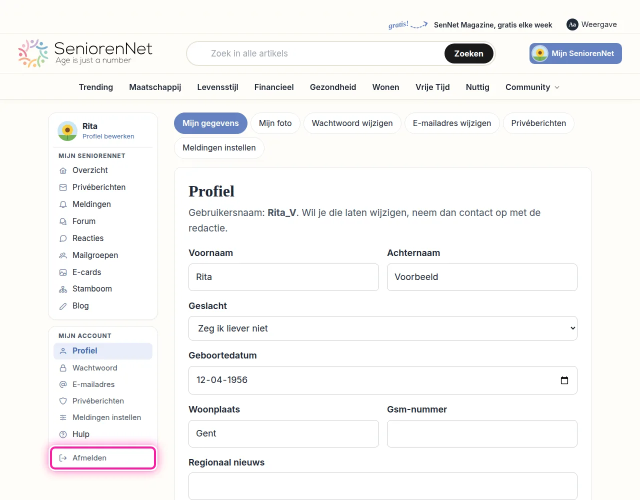 Links op je eigen pagina zie je het menu met het onderdeel "Mijn account". Onderaan staat "Afmelden". Klik daarop, dan ben je meteen afgemeld op SeniorenNet.
