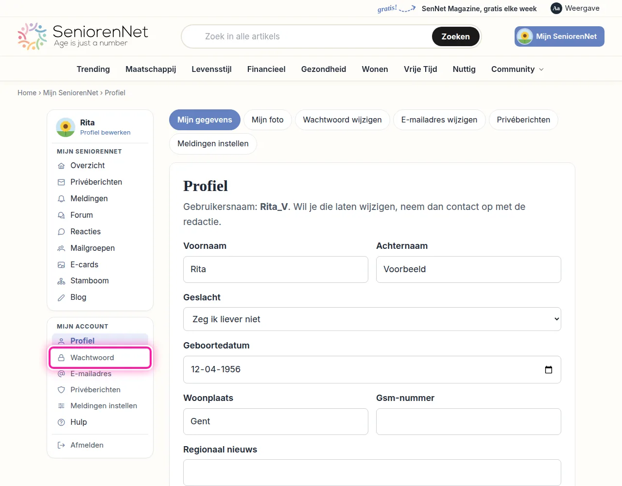 Links op je eigen pagina zie je een menu. Onder "Mijn account" staat "Wachtwoord". Klik daarop, dan verschijnt het formulier waarmee je je wachtwoord kan wijzigen.