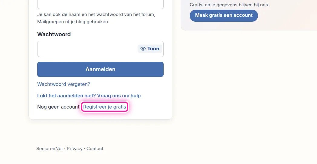 Je ziet nu het formulier om je aan te melden. Omdat je nog geen account hebt, hoef je daar niets in te vullen. Onder het formulier staat "Nog geen account? Registreer je gratis". Klik op "Registreer je gratis", dan opent het formulier om je account te maken.