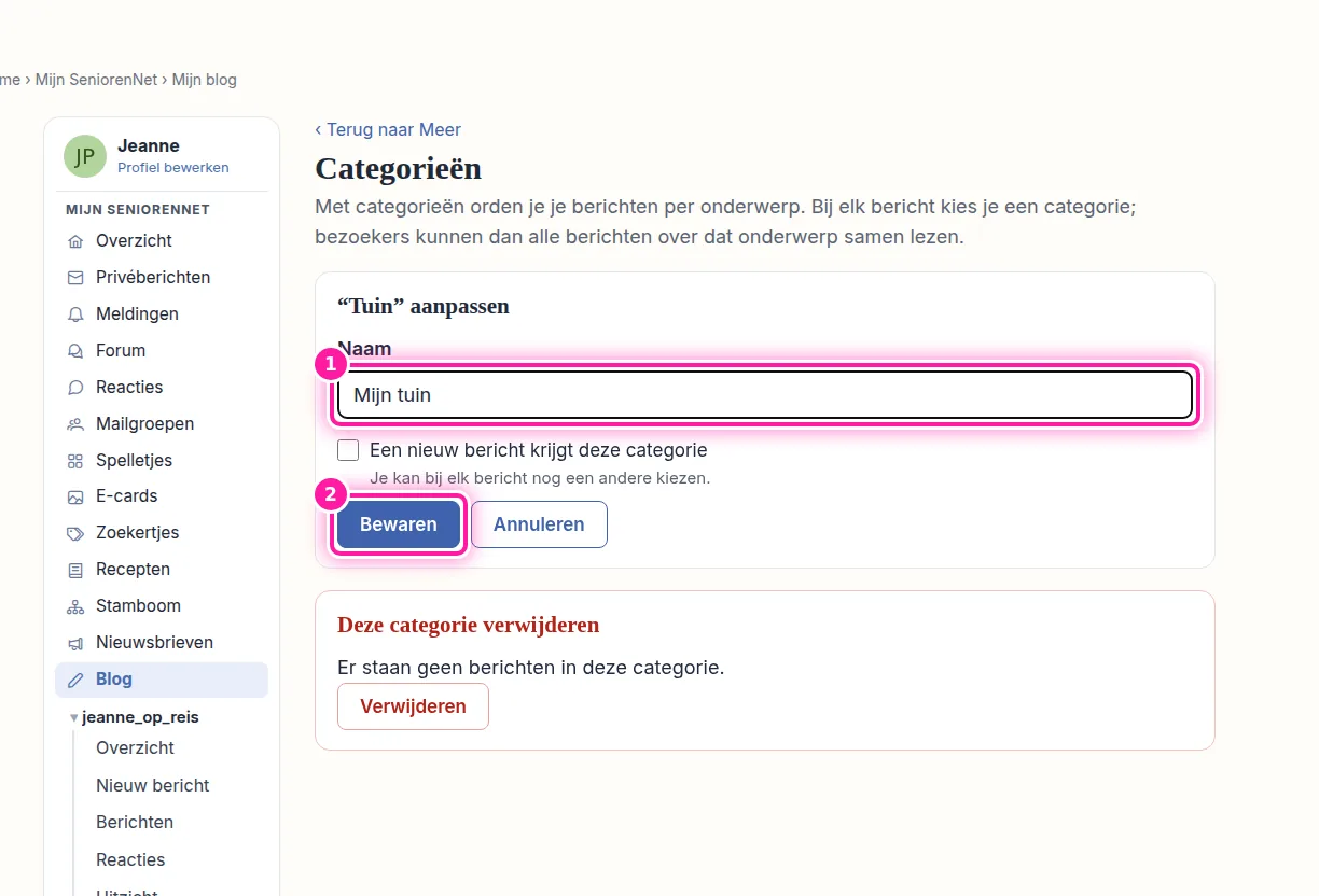 Als je naast een categorie op "Aanpassen" hebt geklikt, opent de pagina voor die categorie. Vul bij "Naam" (1) de nieuwe naam in en klik daarna op "Bewaren" (2). De berichten houden hun categorie, maar die heeft nu de nieuwe naam. Wil je de naam toch niet veranderen, klik dan op "Annuleren".