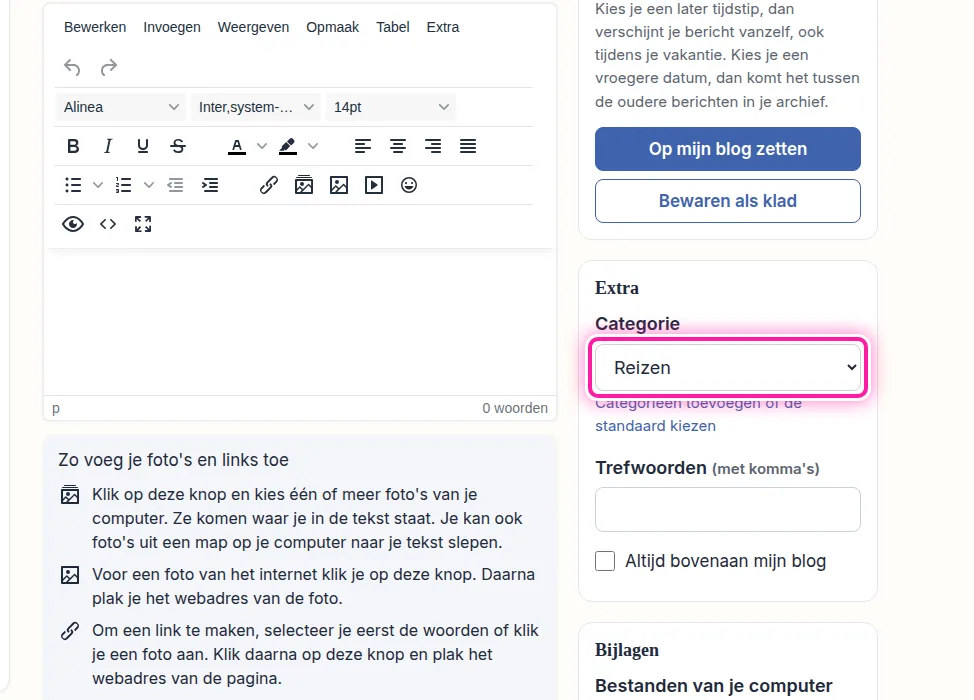 Als je een bericht schrijft, vind je rechts het vak "Extra". Daar kies je in de lijst "Categorie", in het roze kader, de categorie voor dat bericht. Bij een nieuw bericht staat je gekozen categorie al klaar, maar je kan een andere kiezen of "Geen". Wil je de categorie van een bestaand bericht veranderen, open dat bericht dan via "Berichten". Kies vervolgens de categorie en klik op "Bewaren" om de wijziging op te slaan.