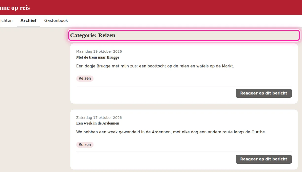 Als een bezoeker op de naam van de categorie klikt, opent een pagina met alle berichten uit die categorie. Bovenaan staat "Categorie:" met daarachter de naam, bijvoorbeeld "Categorie: Reizen". Zo kan de bezoeker de berichten over dat onderwerp samen lezen.