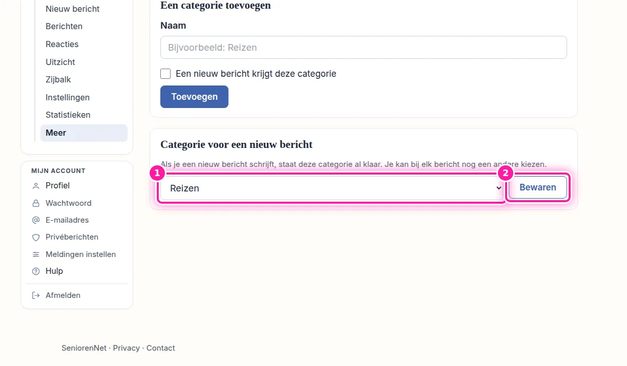 Onder je categorieën staat "Categorie voor een nieuw bericht". Kies daar in de lijst welke categorie klaarstaat als je een nieuw bericht schrijft (1). Je kan ook "Geen" kiezen, zodat een nieuw bericht zonder categorie begint. Klik daarna op "Bewaren" (2) om je keuze op te slaan. Bij elk bericht kan je nog een andere categorie kiezen.