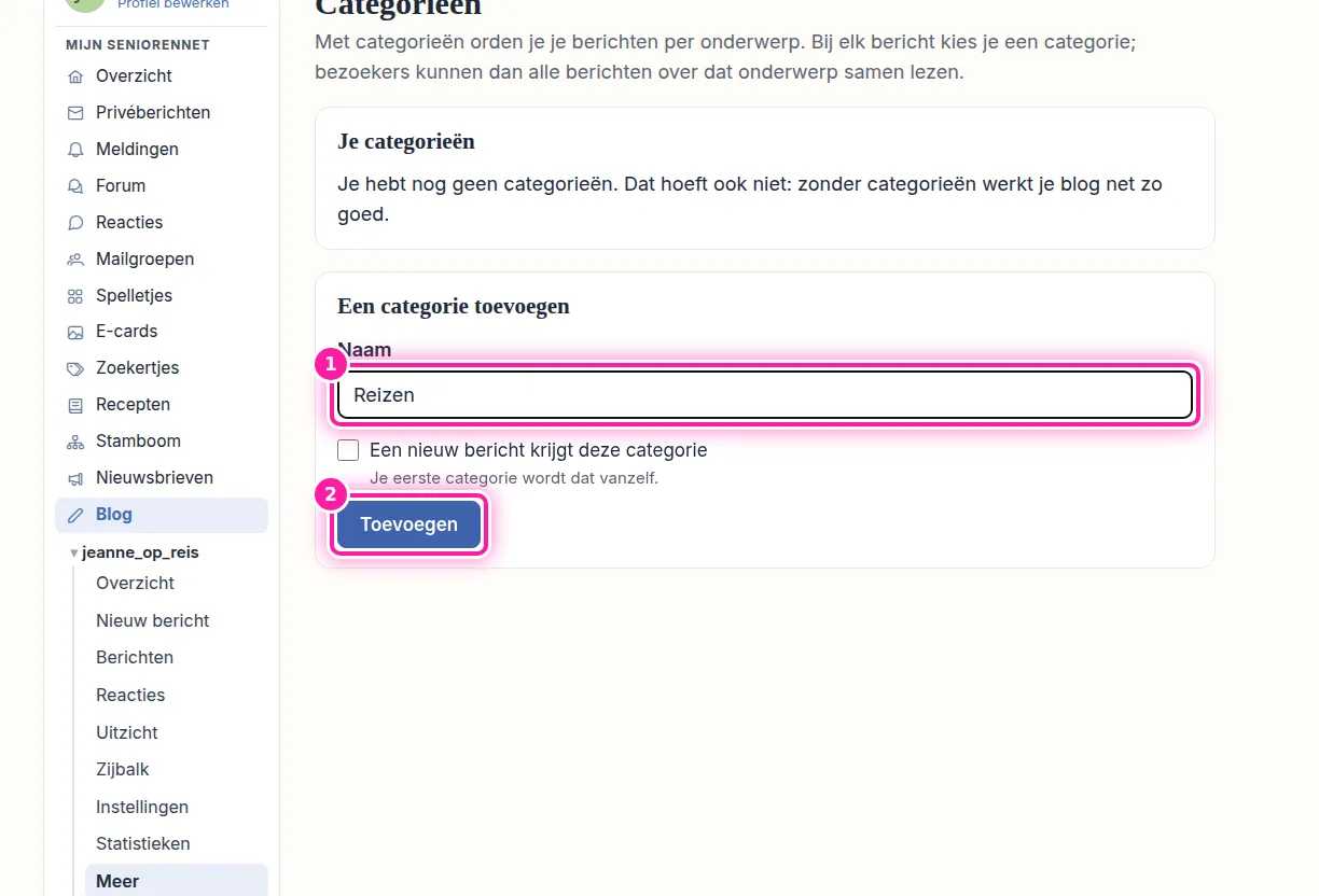 Onder "Een categorie toevoegen" vul je bij "Naam" (1) een naam in, bijvoorbeeld "Reizen". Je eerste categorie wordt vanzelf de categorie die voor elk nieuw bericht klaarstaat. Voeg je later nog een categorie toe en wil je die voor nieuwe berichten gebruiken, vink dan "Een nieuw bericht krijgt deze categorie" aan. Klik daarna op "Toevoegen" (2) om de categorie te maken.
