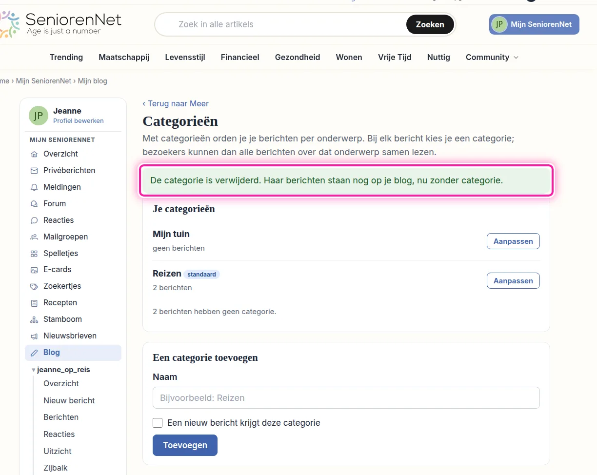 Je ziet nu een melding dat de categorie verwijderd is. Daarin staat ook dat de berichten op je blog blijven staan, nu zonder categorie. Onder je categorieën lees je hoeveel berichten geen categorie hebben.