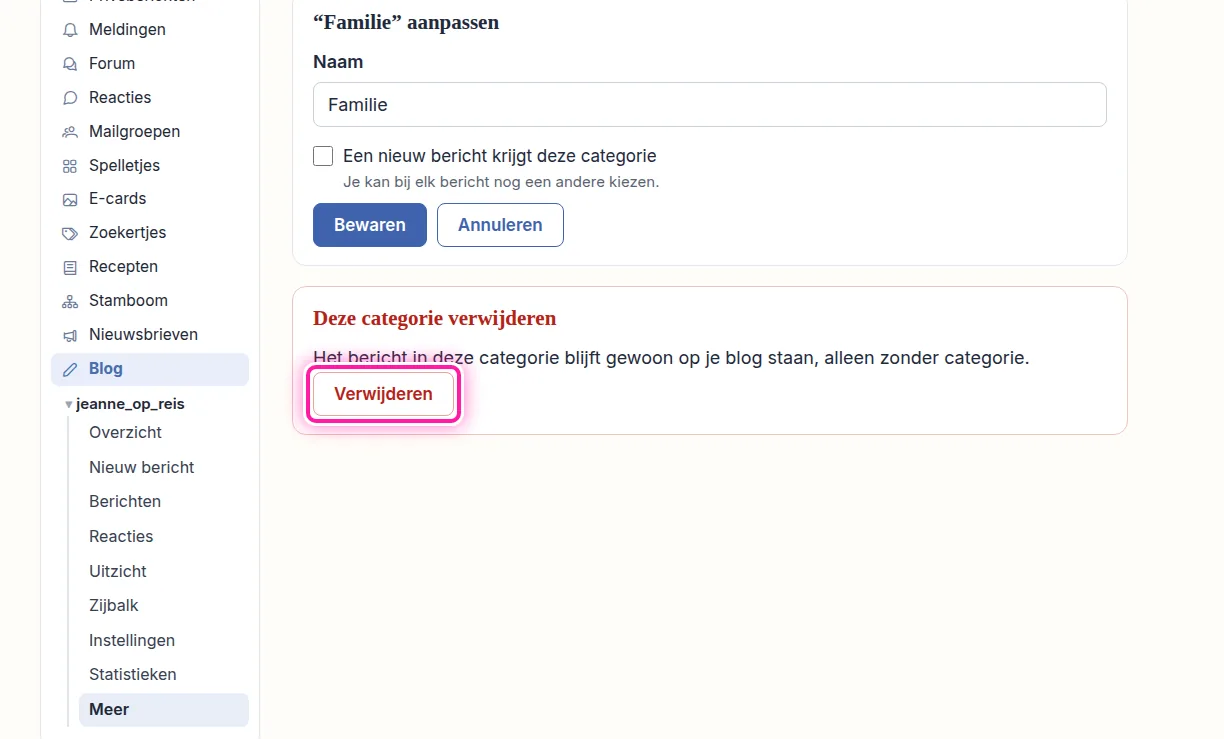 Wil je de categorie verwijderen, kijk dan lager op dezelfde pagina bij "Deze categorie verwijderen". Daar lees je wat er met de berichten in die categorie gebeurt. Ze blijven op je blog staan, alleen zonder categorie. Klik op "Verwijderen", waarna je de vraag krijgt of je de categorie echt wil verwijderen. Klik op "OK" om te bevestigen, want je kan het verwijderen niet ongedaan maken.