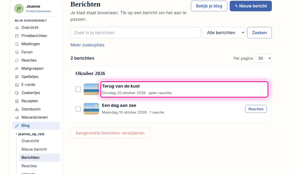 Je ziet nu de lijst met je berichten, met het nieuwste bovenaan. Zoek het bericht waar de foto in staat en klik op de titel. Het bericht opent dan, zodat je het kan aanpassen.