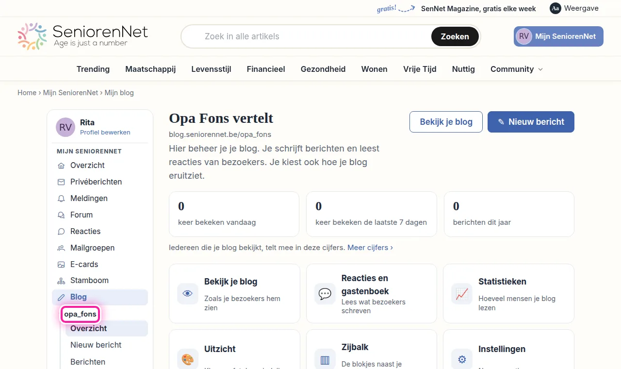 Je blog is nu gekoppeld en staat onder "Blog" in het menu van Mijn SeniorenNet. Van hieruit kan je nieuwe berichten schrijven en bestaande berichten aanpassen. Je kan hier ook de reacties op je blog lezen en beheren.