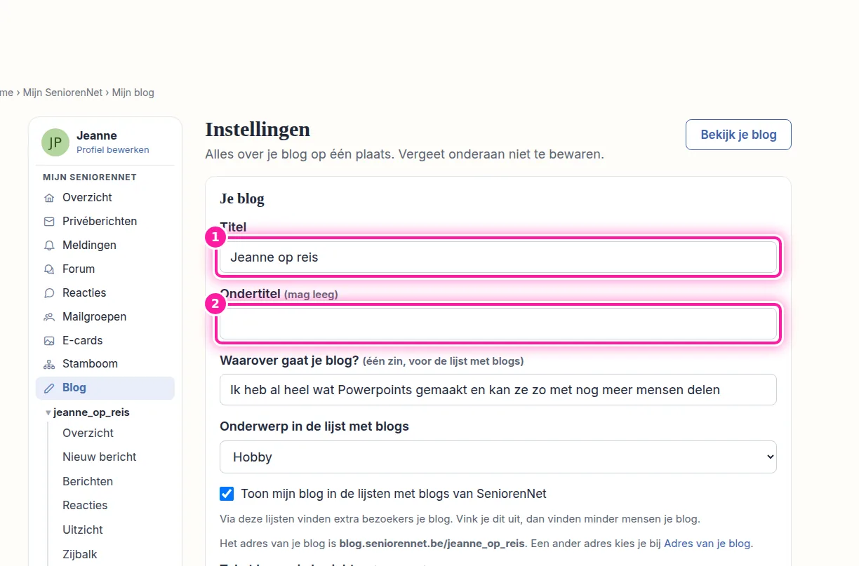 Bovenaan "Instellingen" vind je de titel van je blog (1). Klik in dat vak om de titel aan te passen. Je kan hier ook de ondertitel (2) veranderen door de tekst in dat vak aan te passen.