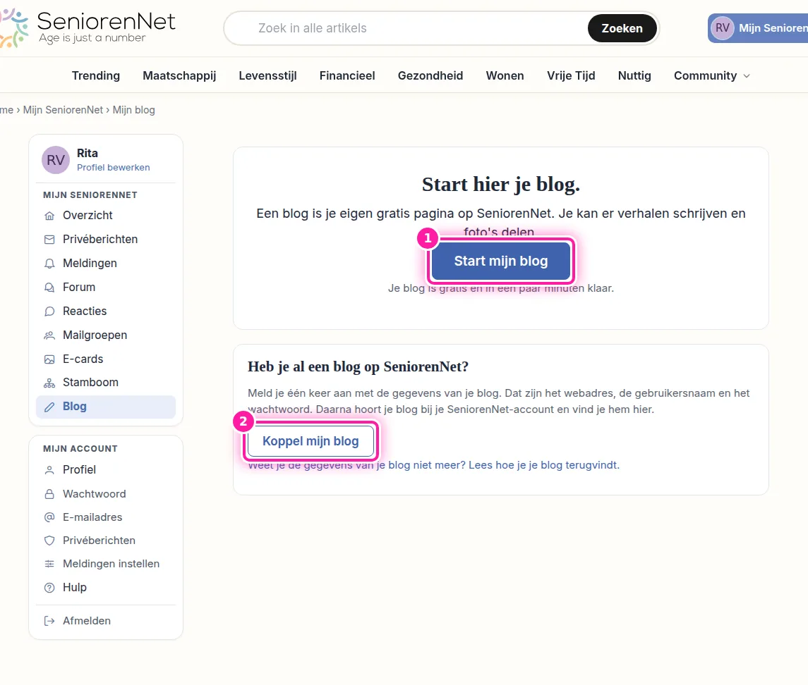 Je ziet nu twee mogelijkheden: een blog starten of een bestaande blog toevoegen. Omdat je al een blog hebt, kies je de tweede mogelijkheid, onder "Heb je al een blog op SeniorenNet?" Klik daar op "Koppel mijn blog" (2), dan opent het formulier om je blog toe te voegen.