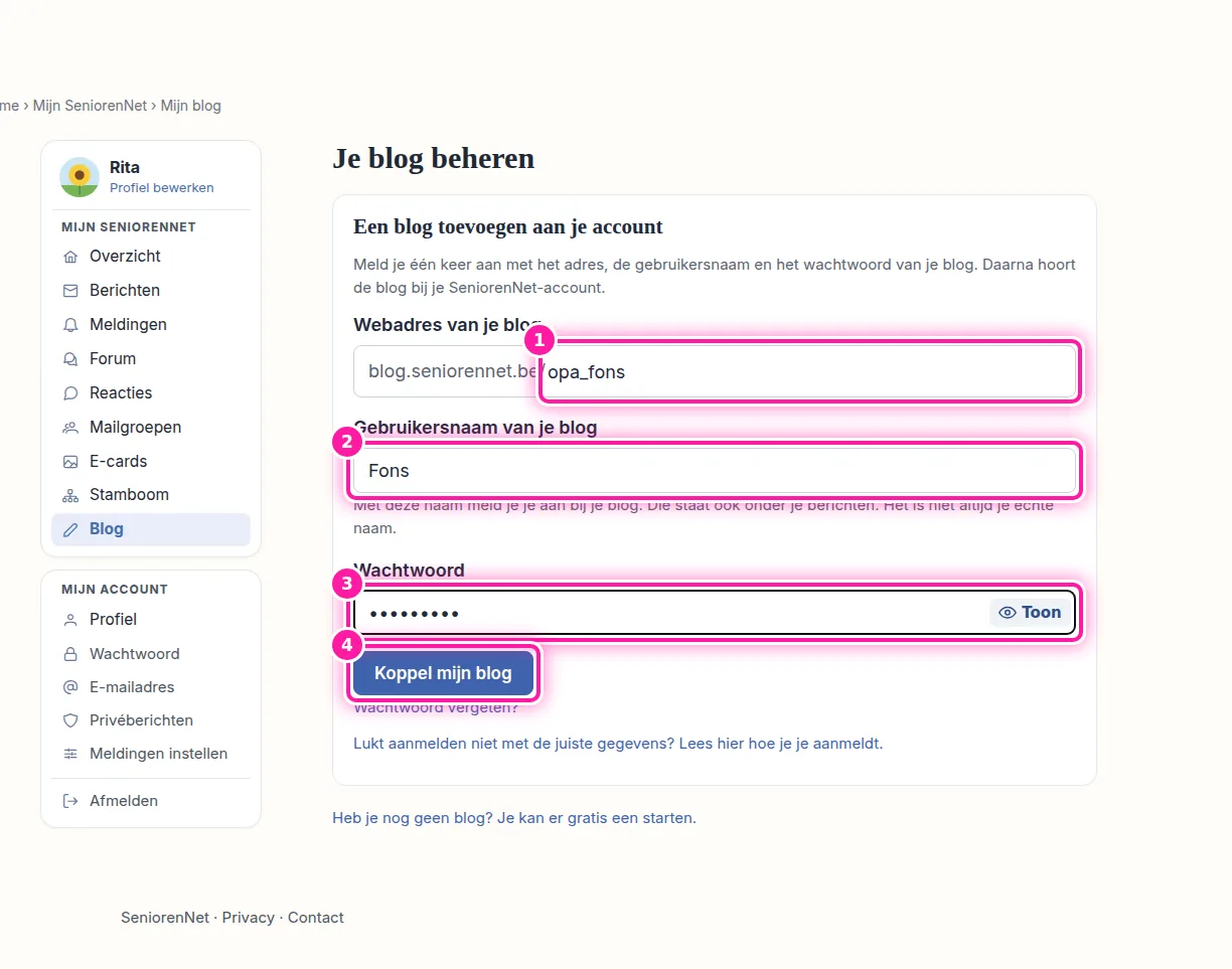 Vul nu de gegevens van je blog in, zodat we weten dat het jouw blog is. Bij "Webadres van je blog" (1) vul je het webadres van je blog in, maar het e-mailadres van je blog mag ook. Vul daarna bij "Gebruikersnaam van je blog" (2) de gebruikersnaam van je blog in en bij "Wachtwoord" (3) het wachtwoord van je blog. Klik dan op "Koppel mijn blog" (4). Je blog staat daarna in het menu onder "Blog" in Mijn SeniorenNet.