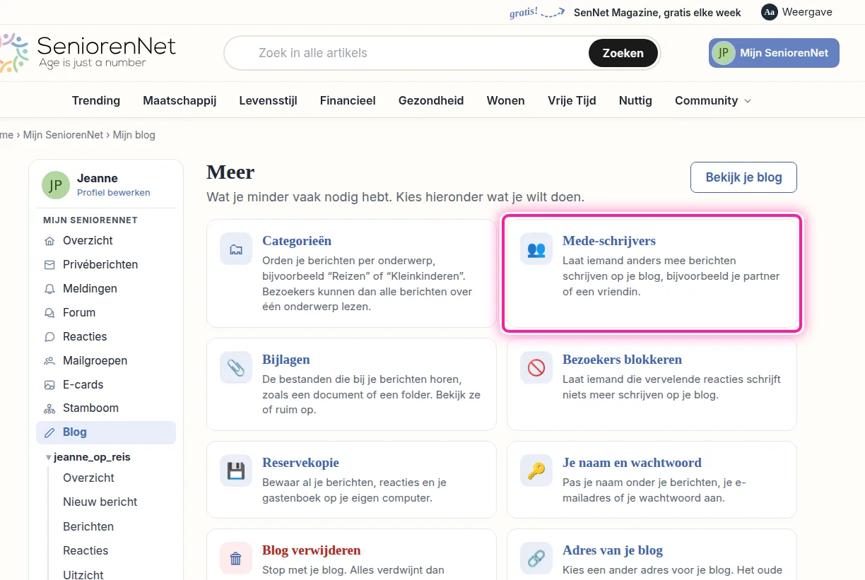 Op de pagina "Meer" staan mogelijkheden die je minder vaak nodig hebt. Klik op "Mede-schrijvers" om te regelen wie op je blog mag meeschrijven. Je komt dan op de pagina waar je iemand kan toevoegen. Alleen jij als eigenaar van de blog ziet deze mogelijkheid.