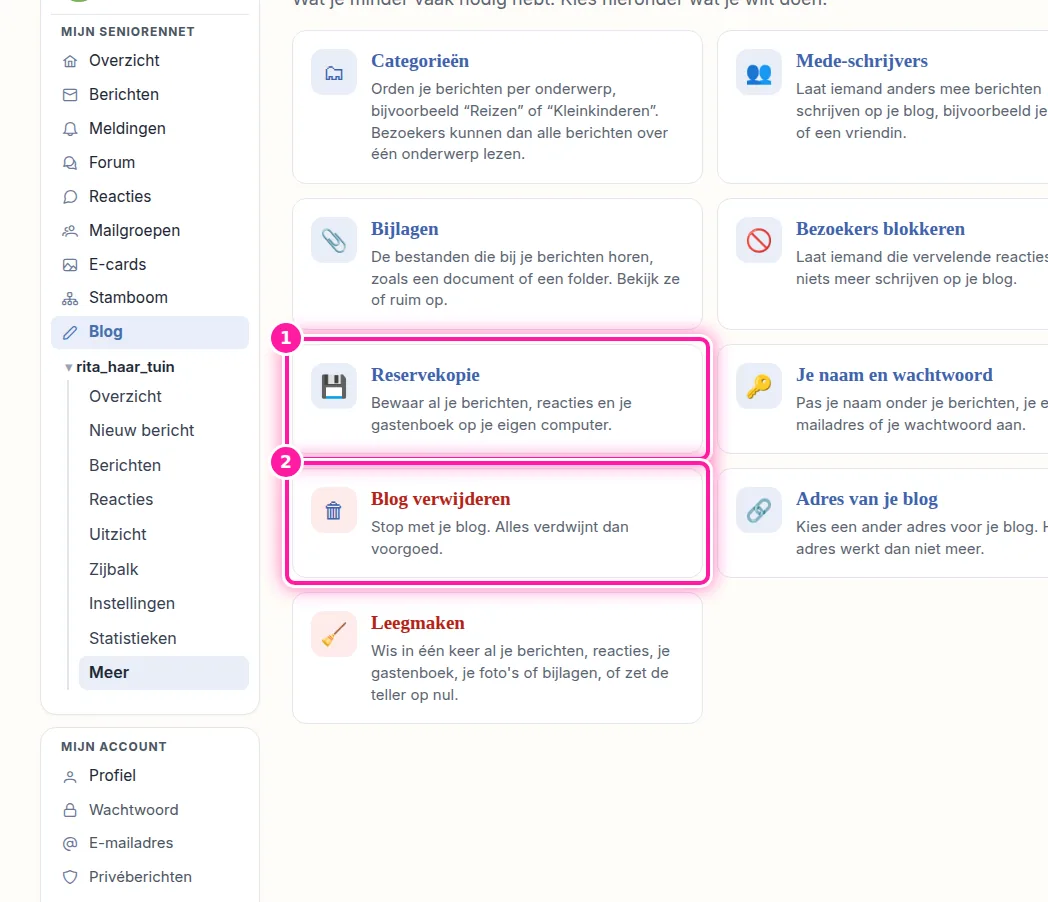 Op de pagina "Meer" staan de mogelijkheden die je minder vaak nodig hebt. Klik hier op "Reservekopie" (1). Je komt dan op de pagina waar je een kopie van je blog kan downloaden, dus op je computer kan opslaan.