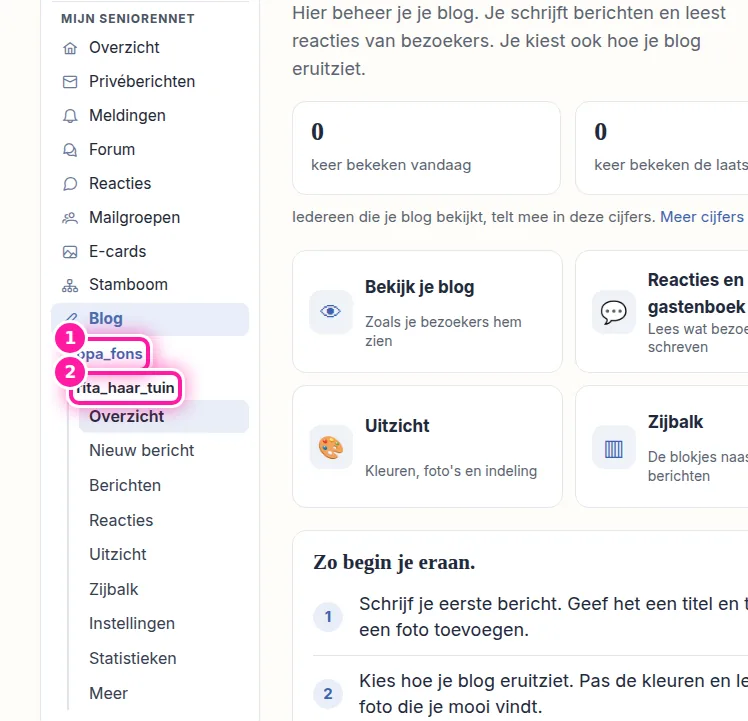 Om naar je andere blog te gaan, kijk je in het menu links. Onder "Blog" staan je blogs met hun naam, bij (1) en (2). Klik op de naam van de blog waarmee je wil werken, dan ga je naar het beheer van die blog.