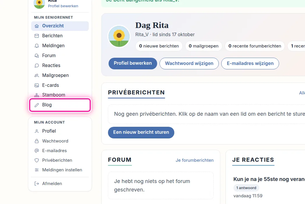 In Mijn SeniorenNet zie je links het menu met de onderdelen die je hier beheert. Klik daarin op "Blog". Je komt dan op de pagina waar je je bestaande blog kan toevoegen.