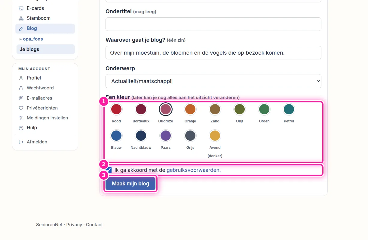 Kies nu een kleur die je mooi vindt (1). Je hoeft daar niet lang over te twijfelen, want je kan het uitzicht later nog aanpassen bij "Uitzicht". Vink daarna aan dat je akkoord gaat met de voorwaarden (2) en klik op "Maak mijn blog" (3).