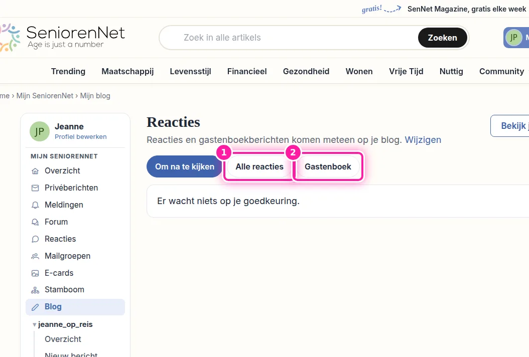 Klik op "Alle reacties" (1) om te lezen wat bezoekers onder je berichten geschreven hebben. Wil je lezen wat er in je gastenboek staat, klik dan op "Gastenboek" (2). Zo kies je op dezelfde pagina welke reacties je bekijkt.