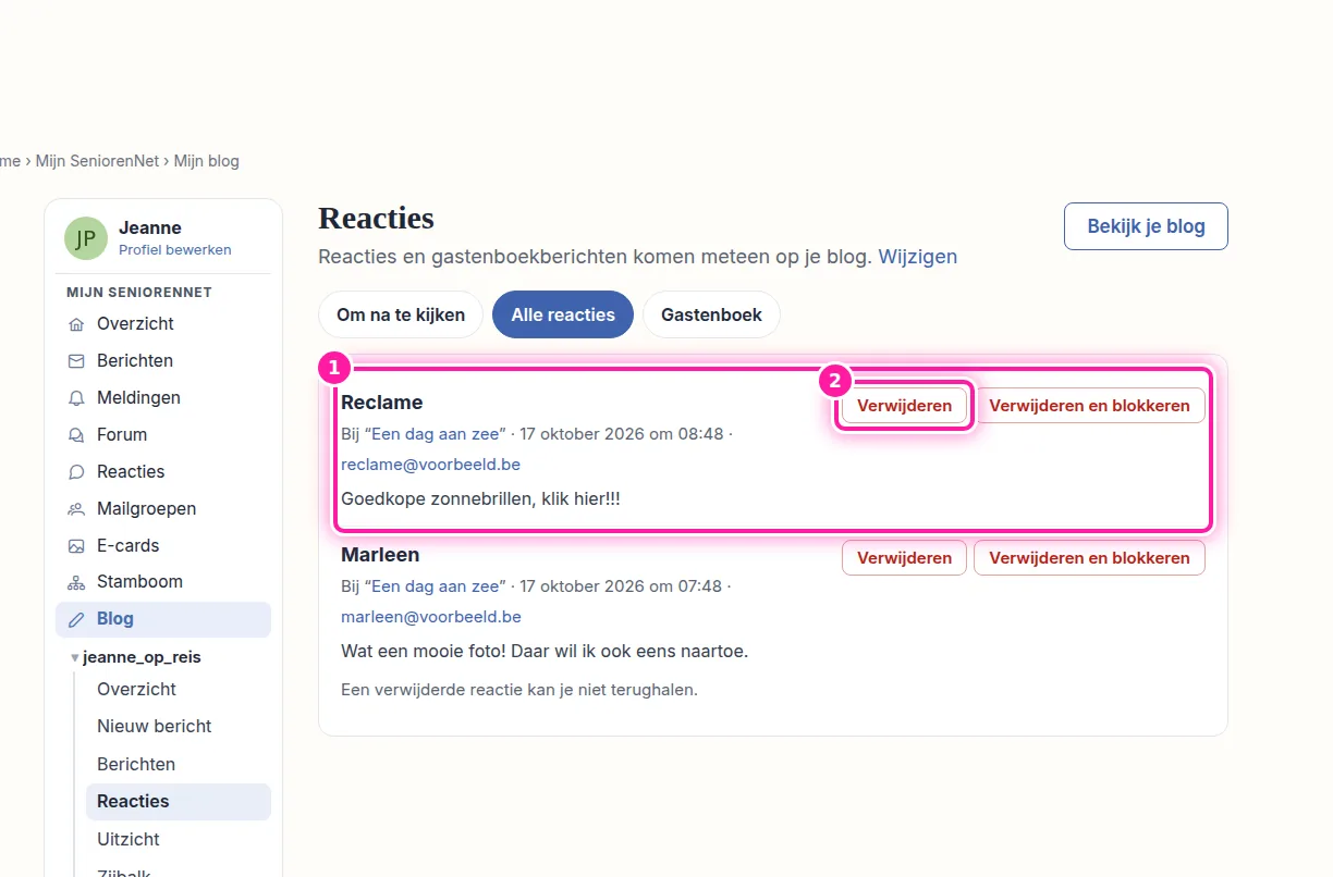 Zoek de reactie die je wil weghalen (1) en klik ernaast op "Verwijderen" (2). Voor iemand die blijft reageren met reclame of onzin, kan je "Verwijderen en blokkeren" kiezen. Lees de reactie eerst even na, want een verwijderde reactie kan je niet terughalen.