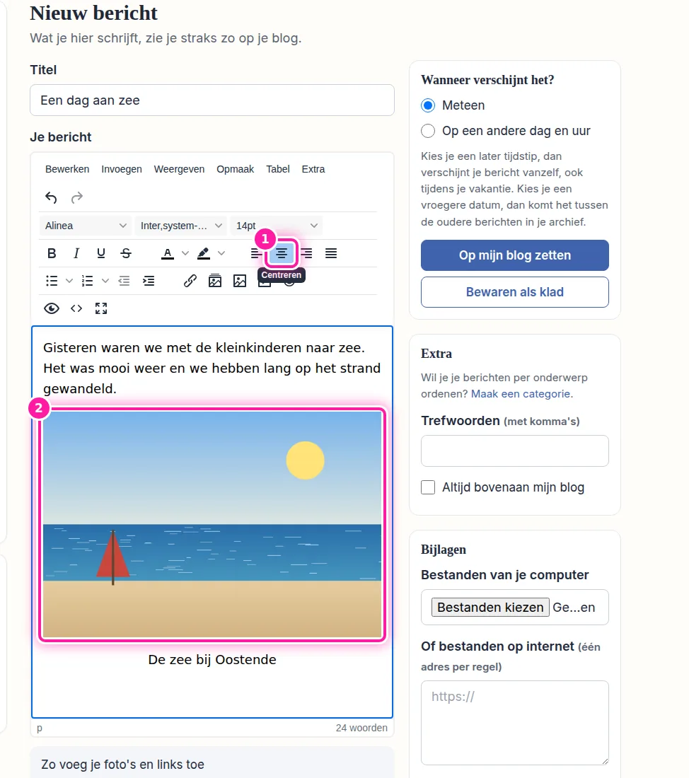 Om de foto in het midden te zetten, klik je eerst op de foto (2). Klik daarna op "Centreren" (1) in de rij knoppen boven het tekstvak. Klik vervolgens in de regel tekst onder de foto en kies ook daarvoor "Centreren", zodat die mee in het midden staat.