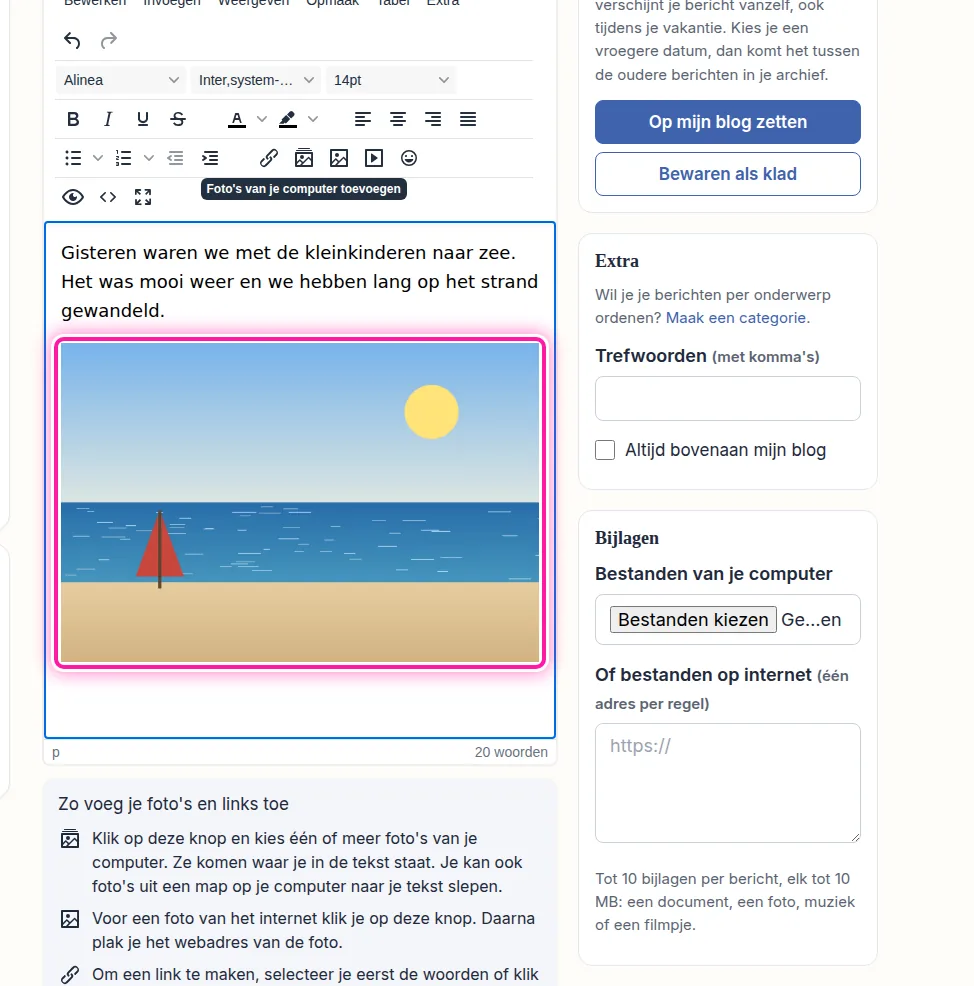 Je foto staat nu in je bericht, op de plaats die je in de tekst gekozen hebt. Je kan er ook een regel tekst onder schrijven, bijvoorbeeld om te vertellen wat er te zien is. Daarvoor blijf je in dit tekstvak.