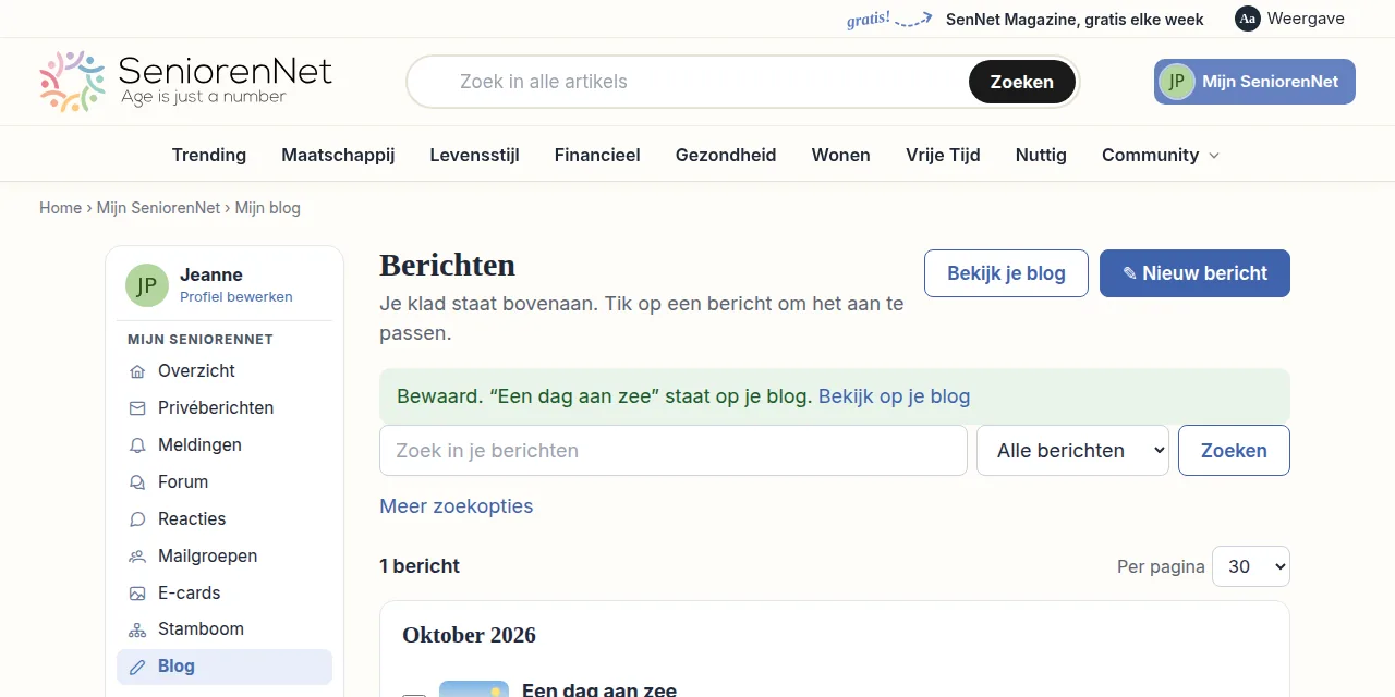 Je komt nu bij de lijst met je berichten. Daar zie je de bevestiging dat je bericht op je blog staat. Klik op "Bekijk op je blog" om je bericht te zien zoals je bezoekers het zien.