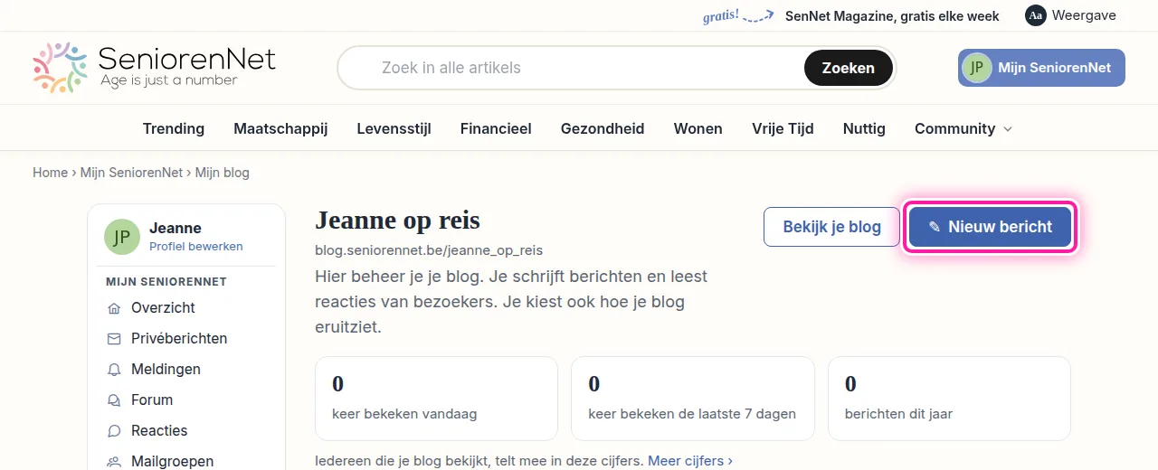 Op de pagina waar je je blog beheert, vind je bovenaan de knop "Nieuw bericht". Klik daarop om een bericht te beginnen. Je ziet dan een vak voor de titel en een groot vak voor je tekst.