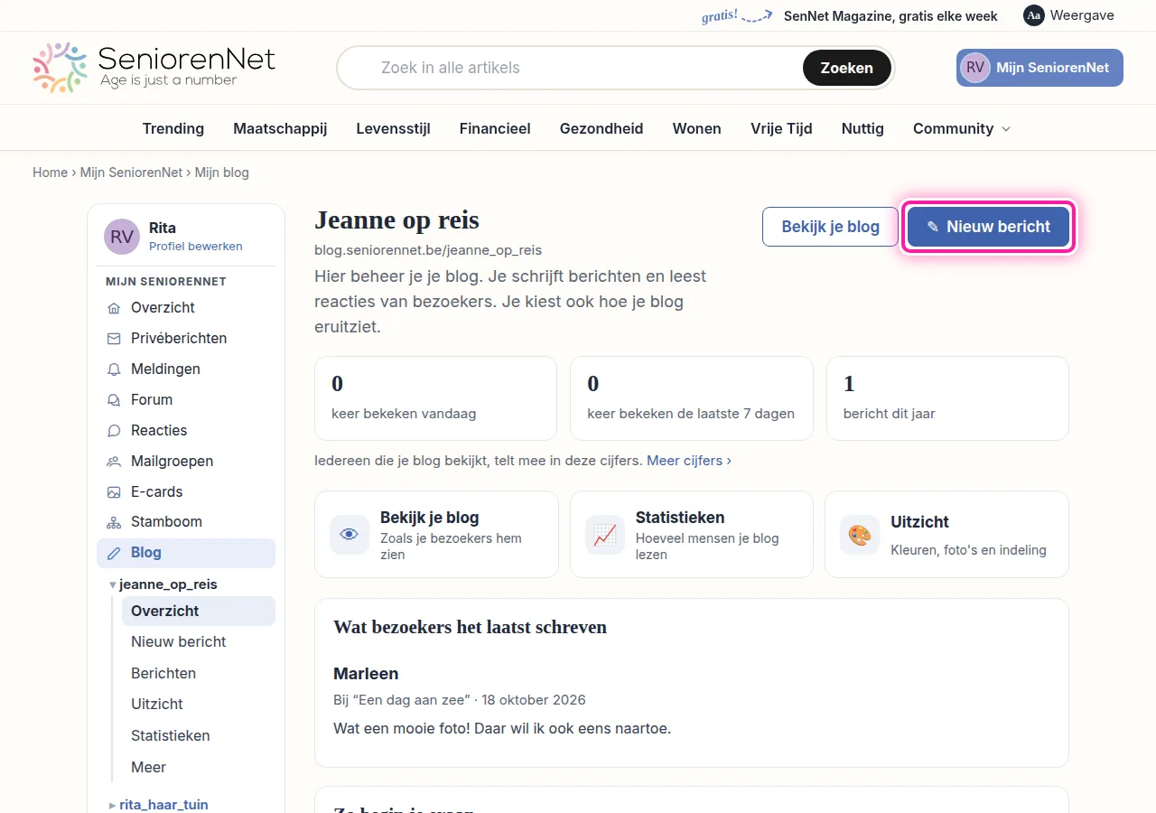 Je mede-schrijver ziet nu het beheer van je blog, met een korter menu. Daarin staan "Overzicht", "Nieuw bericht", "Berichten", "Statistieken" en "Meer". "Uitzicht" verschijnt alleen als jij toestemming hebt gegeven om het uitzicht aan te passen. Met "Nieuw bericht" kan je mede-schrijver een bericht voor je blog schrijven.
