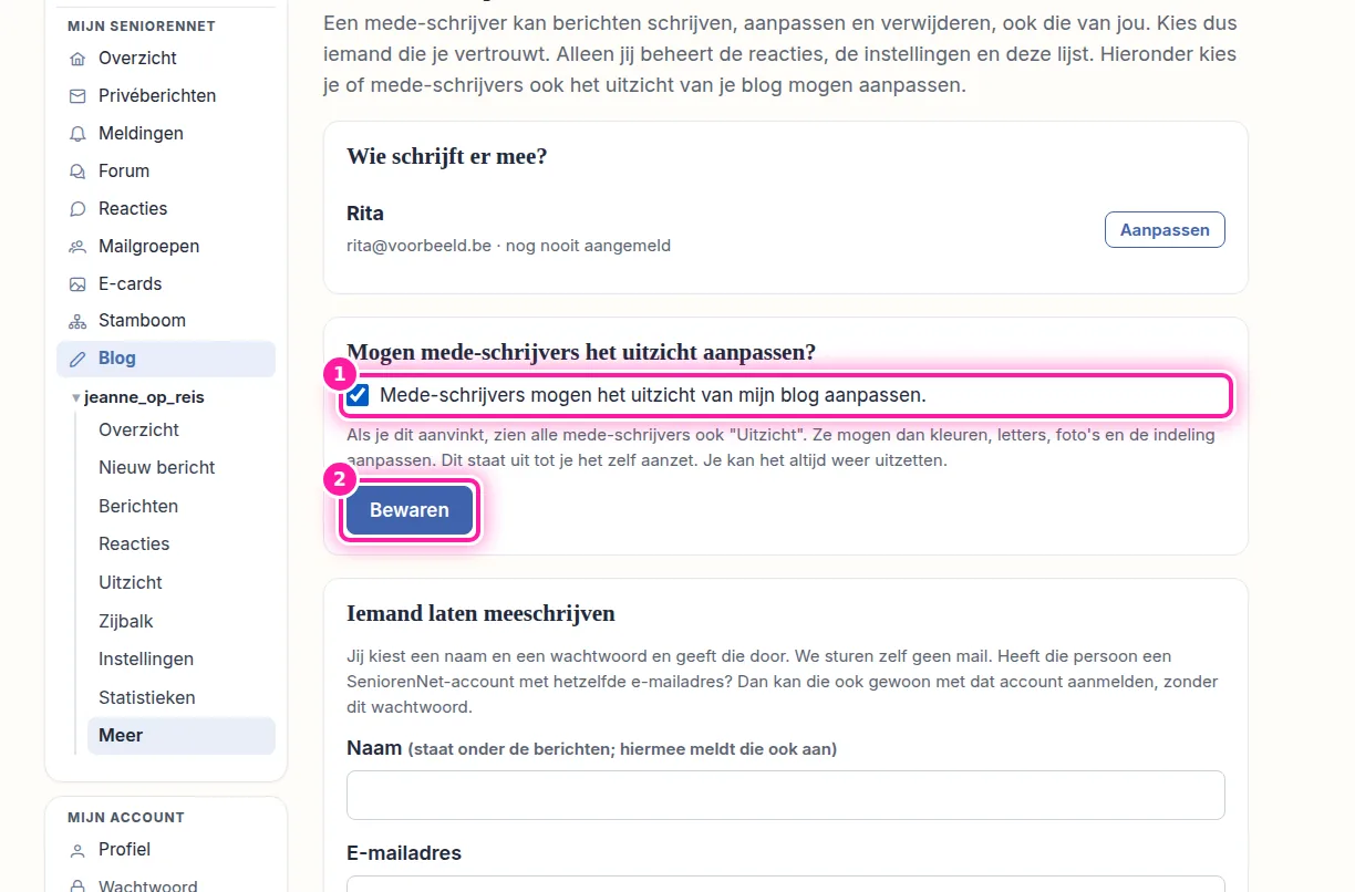 Je kan je mede-schrijvers ook het uitzicht van je blog laten aanpassen, zoals de kleuren, de letters, de foto's en de indeling. Dat mogen ze pas als jij er toestemming voor geeft. Vink daarvoor "Mede-schrijvers mogen het uitzicht van mijn blog aanpassen." aan (1) en klik op "Bewaren" (2). Deze keuze geldt voor al je mede-schrijvers samen. Wil je die toestemming weer intrekken, haal dan het vinkje weg en klik opnieuw op "Bewaren".