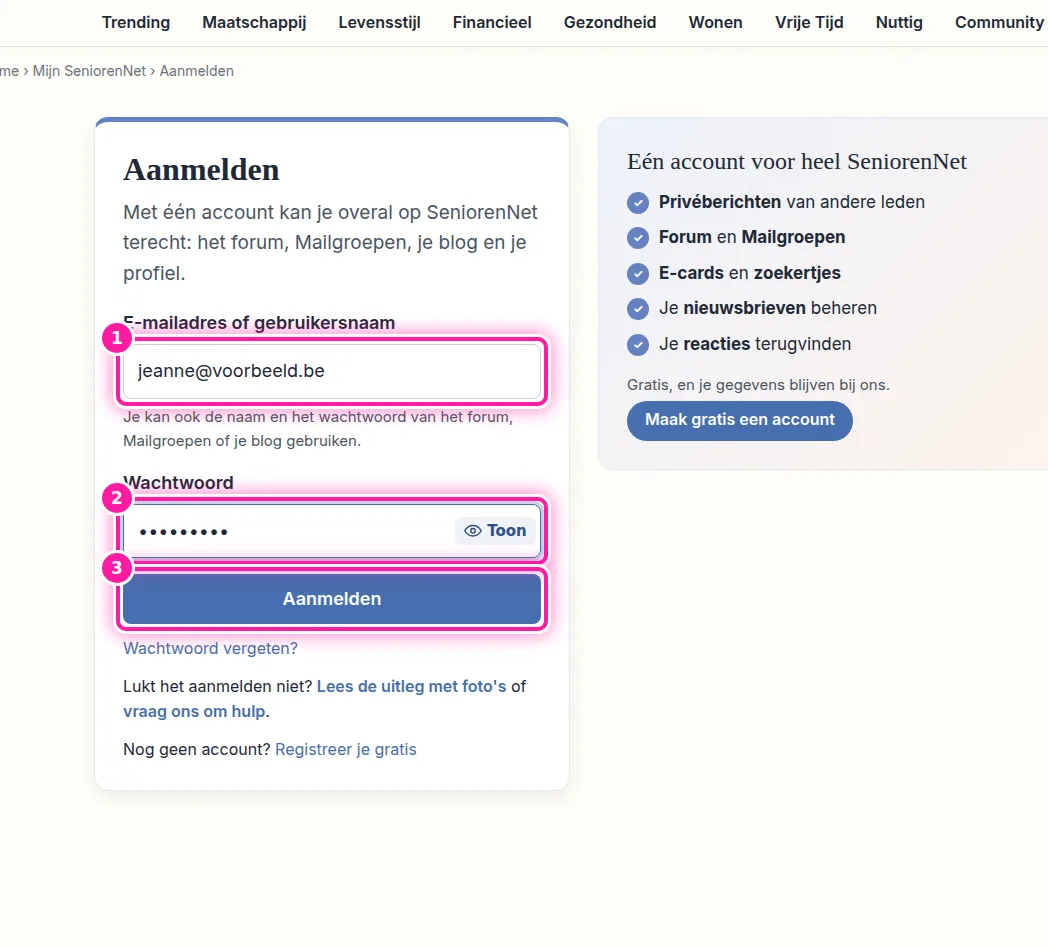 Klik bovenaan de pagina op "Aanmelden", dan opent de aanmeldpagina. In het eerste veld, "E-mailadres of gebruikersnaam", vul je het e-mailadres van je blog in (1), in dit voorbeeld jeanne@voorbeeld.be. Je kan daar ook de naam van je blog invullen, bijvoorbeeld jeanne_op_reis. In het tweede veld, "Wachtwoord", vul je het wachtwoord van je blog in (2). Klik daarna op "Aanmelden" (3).