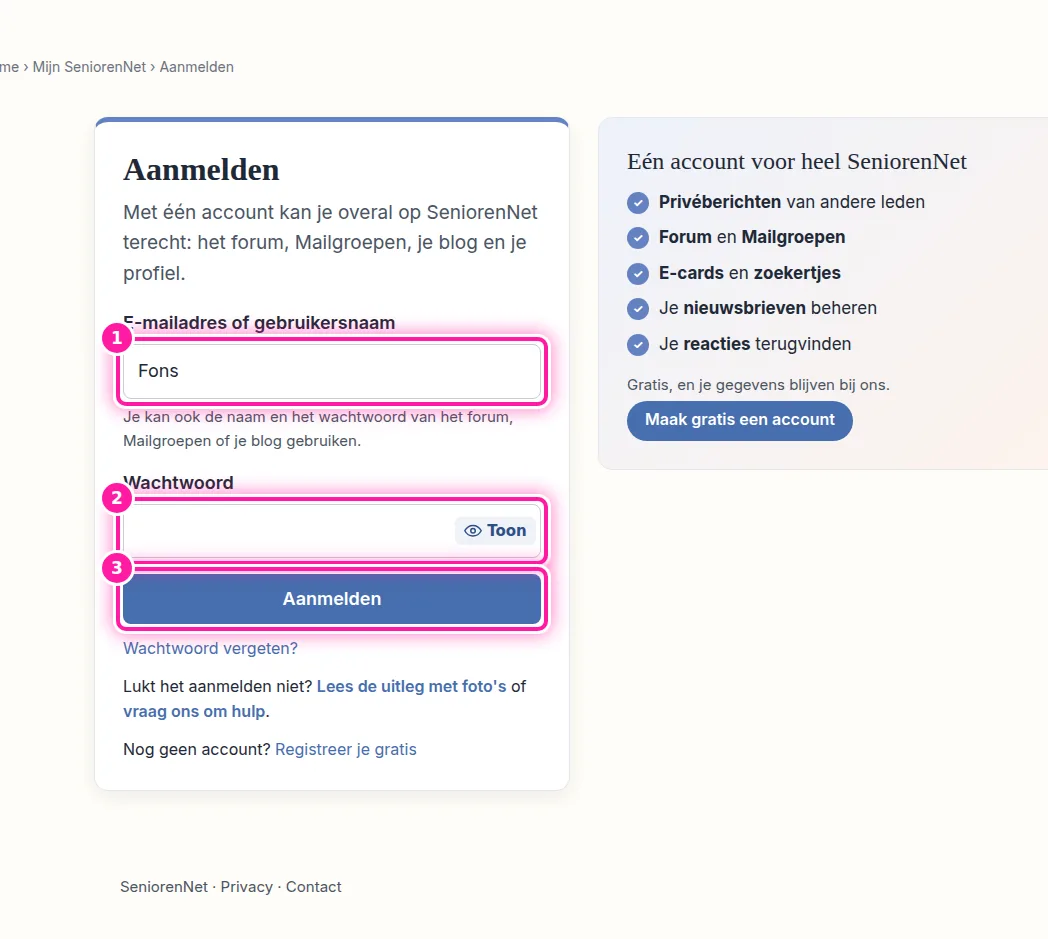 De gebruikersnaam van je SeniorenNet-account is al ingevuld (1). Vul het wachtwoord van dat account in (2) en klik daarna op "Aanmelden" (3). Je komt dan op de pagina met je blog in Mijn SeniorenNet. Klik naast je blog op "Beheren" om het beheer te openen.