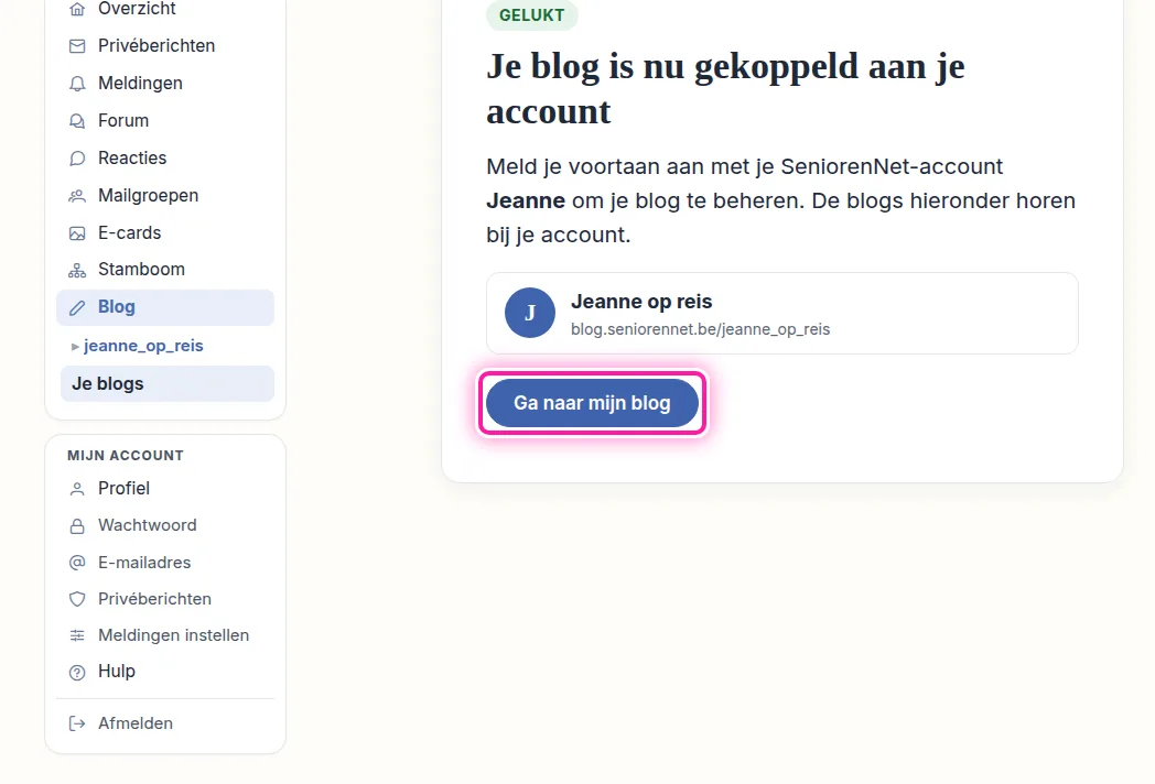 Op de pagina "Je blog is nu gekoppeld aan je account" zie je welke blogs bij je account horen. Al je blogs met hetzelfde e-mailadres komen samen mee, dus ook met meerdere blogs maak je maar één keer een account. Klik op "Ga naar mijn blog", dan opent het beheer van de blog waarmee je je hebt aangemeld. Je bent nu in Mijn SeniorenNet, waar je ook je andere blogs vindt onder "Blog". Klik daar naast de gewenste blog op "Beheren" om die te beheren.