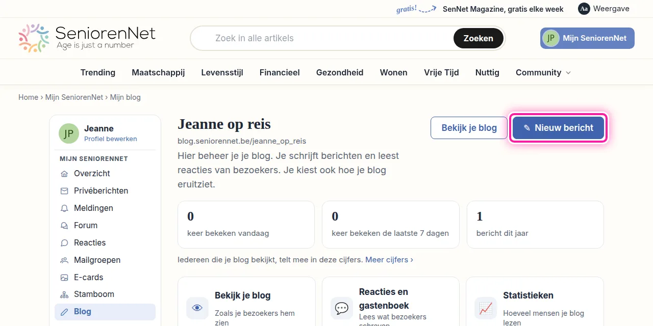 Je bent nu in het beheer van je blog. Bovenaan zie je de knop "Nieuw bericht". Klik daarop om een bericht te schrijven, dan zie je het veld "Titel" en het vak "Je bericht".