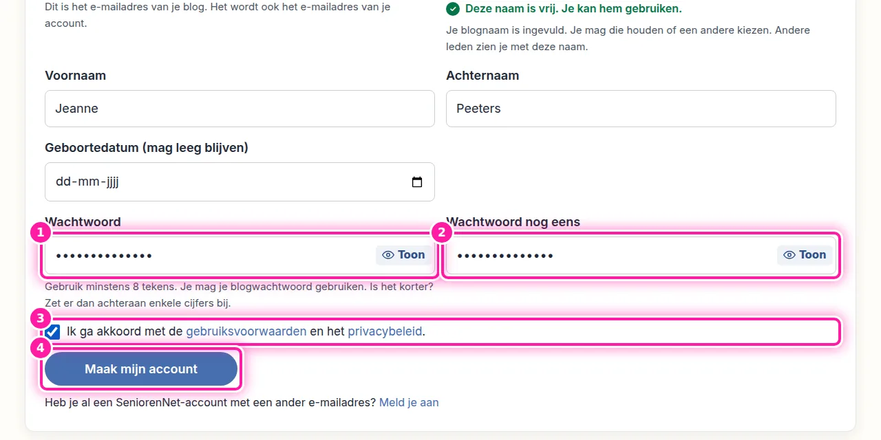 Kies nu een wachtwoord van minstens 8 tekens voor je account. Je mag het wachtwoord van je blog gebruiken. Is dat korter dan 8 tekens, dan voeg je achteraan enkele cijfers toe. Typ het gekozen wachtwoord in beide vakken, bij (1) en (2). Vink daarna aan dat je akkoord gaat (3) en klik op "Maak mijn account" (4).