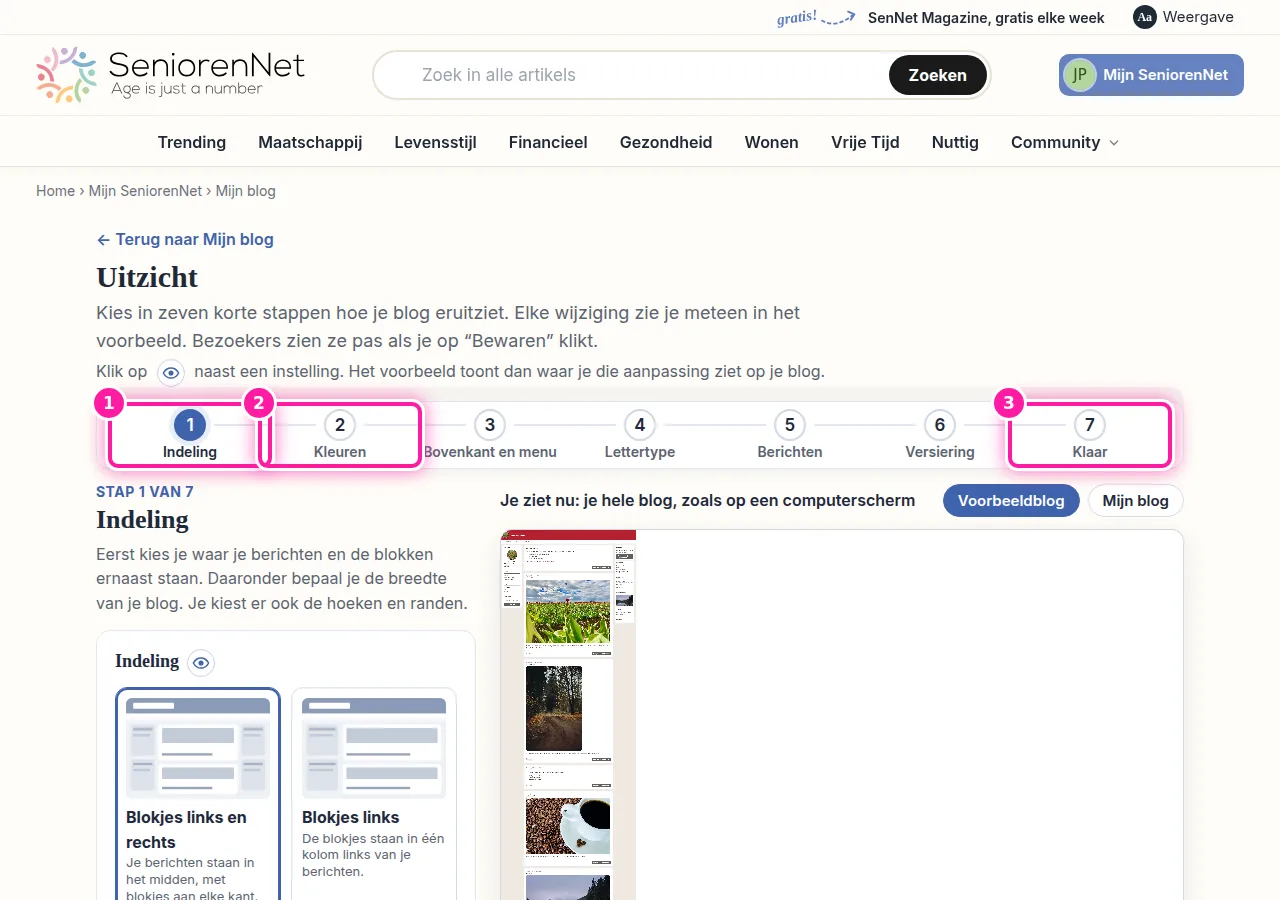Bovenaan "Uitzicht" zie je de zeven stappen waarmee je je blog aanpast. Je kan meteen naar een stap gaan door erop te klikken, bijvoorbeeld op "Indeling" (1) of "Kleuren" (2). Je ziet dan de keuzes die bij die stap horen.