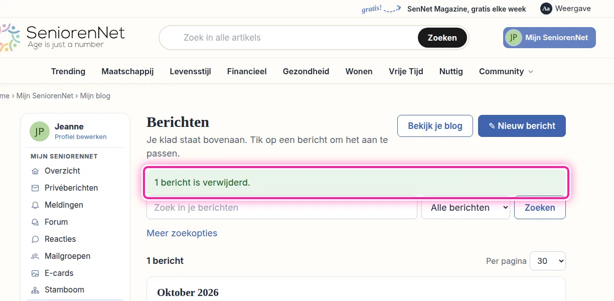 Je krijgt nu een melding die vraagt of je zeker bent en waarschuwt dat ook de reacties verdwijnen. Klik op "OK" als je het bericht en de reacties voorgoed wil verwijderen. Daarna verschijnt op de pagina de bevestiging "1 bericht is verwijderd."