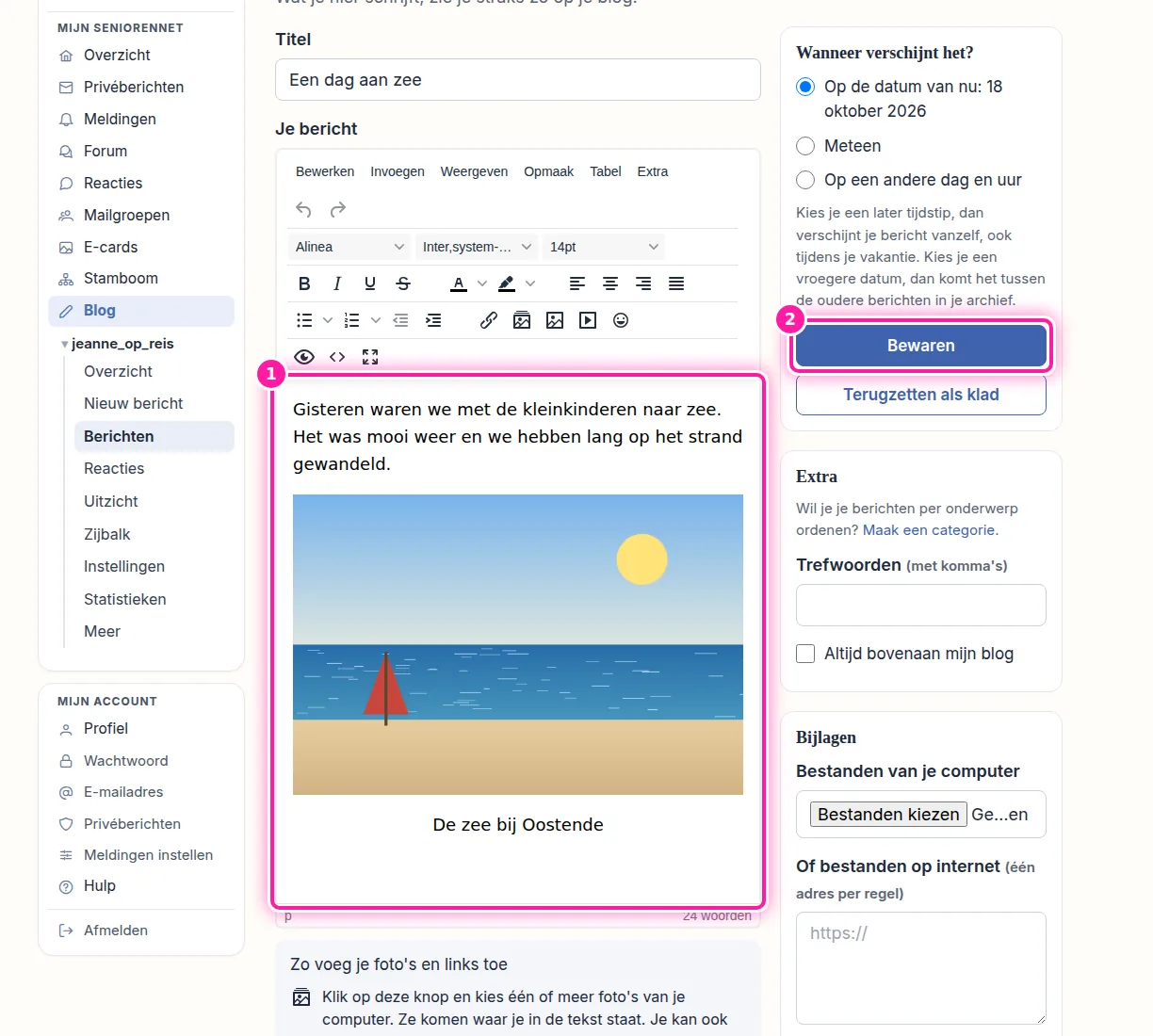 Pas nu de tekst of de foto's van je bericht aan (1). Als je klaar bent, klik je op "Bewaren" (2) om je wijzigingen op te slaan. Verlaat je deze pagina zonder op "Bewaren" te klikken, dan blijft je bericht zoals het was.