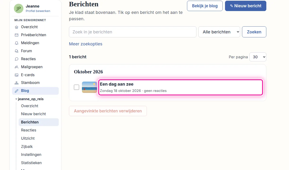 Je ziet nu de lijst met al je berichten, met het nieuwste bovenaan. Zoek het bericht dat je wil aanpassen en klik op de titel. Het bericht gaat dan open, zodat je de inhoud kan veranderen.