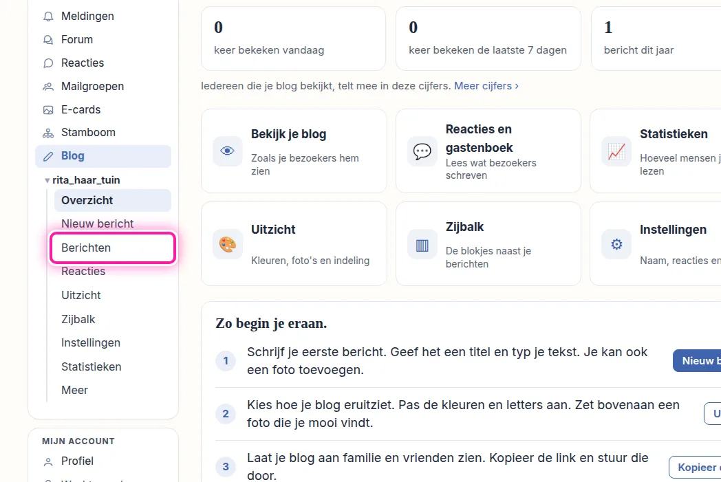 Je bent nu op de pagina waar je je blog beheert. Links, onder de naam van je blog, staat het menu dat bij je blog hoort. Klik daarin op "Berichten", dan opent de lijst met je berichten.
